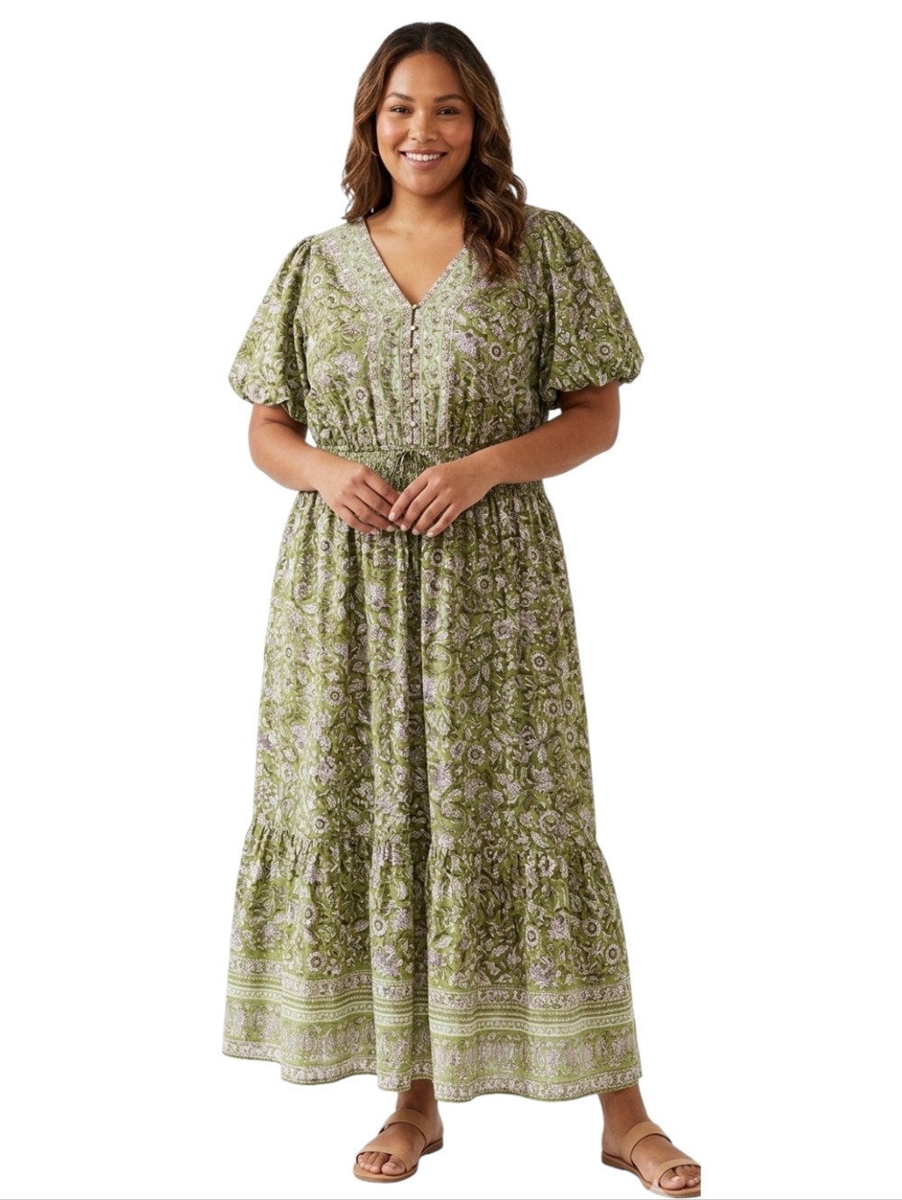 LEA 3X 100% Cotton Boho Floral Puff Sleeve Maxi Dress Green Brown Cream NWT
